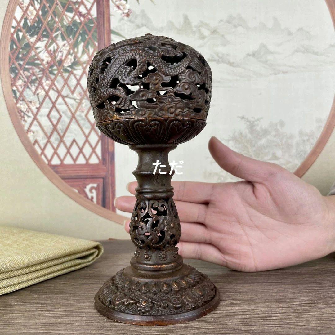 銅 細工 透かし彫り二龍戯珠祥雲盤竜薫る香炉 香道具 装飾品 工芸品 置物