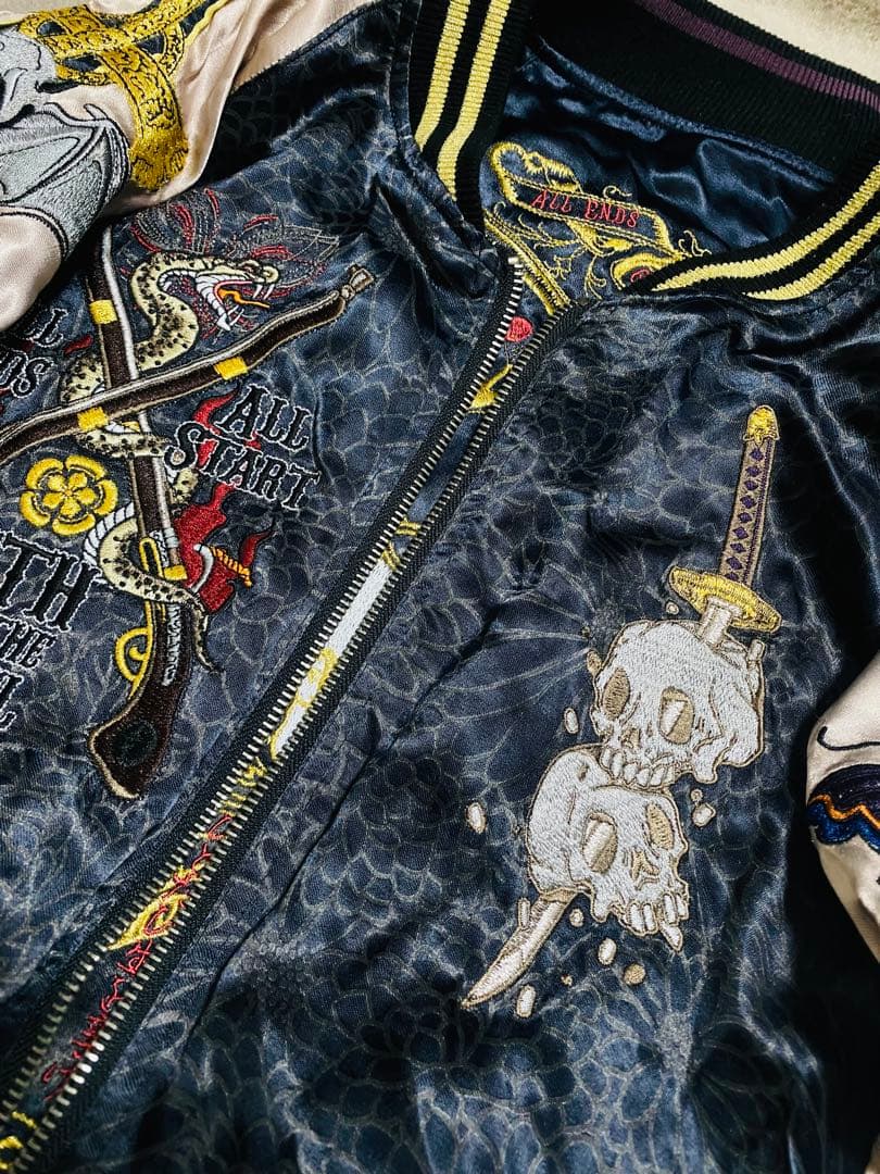 ２面用 美品 雅結 日本限定 スカル スカジャン unisex レーヨン