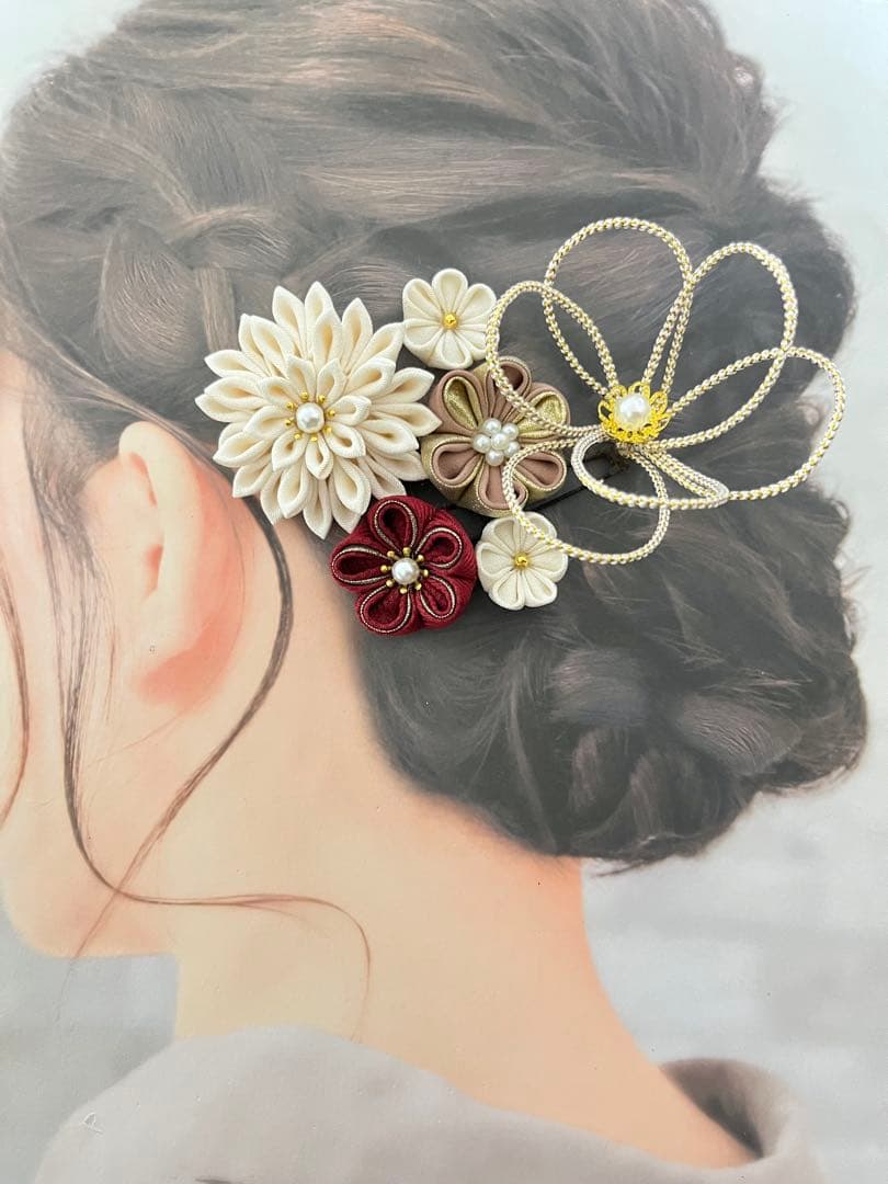 和装髪飾り　くすみピンク　臙脂　つまみ細工　結婚式　成人式　卒業式　袴　七五三