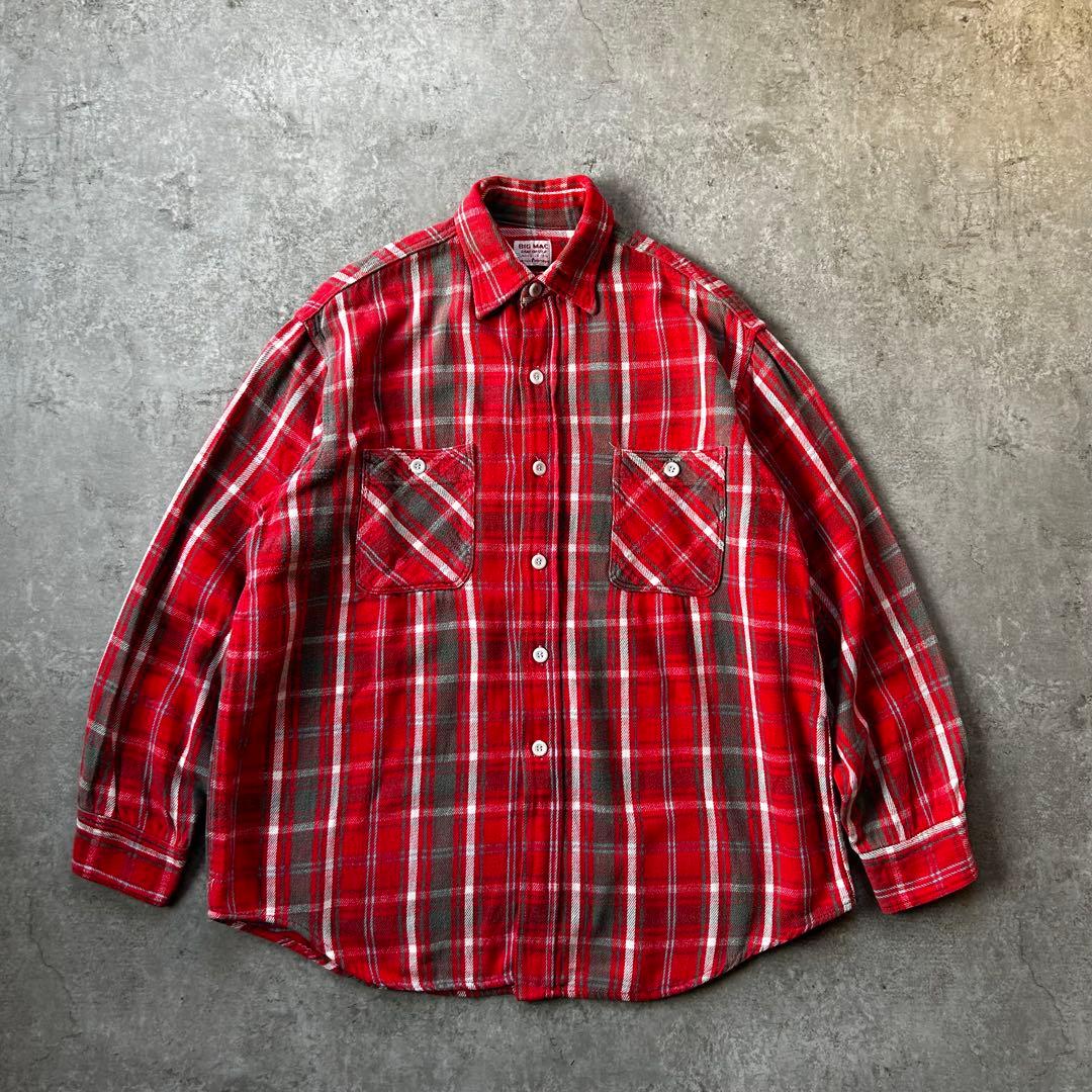 60s BIG MAC ビッグマック ヘビーネルシャツ L 赤×黒×水色