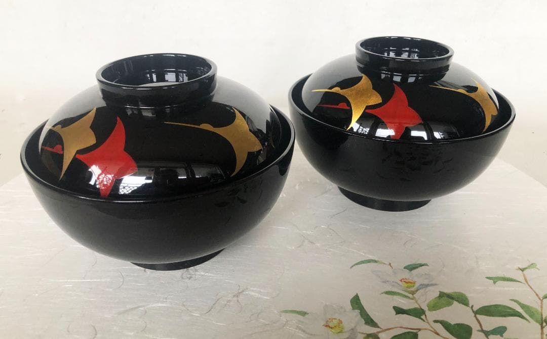 煮物椀 三羽鶴見返し松葉蒔絵 丸型 黒塗 漆塗 5客 在庫整理 雑煮椀 おせち