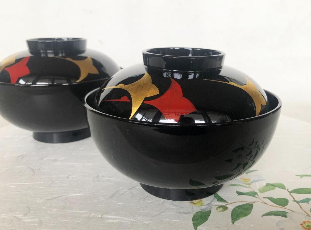 煮物椀 三羽鶴見返し松葉蒔絵 丸型 黒塗 漆塗 5客 在庫整理 雑煮椀 おせち