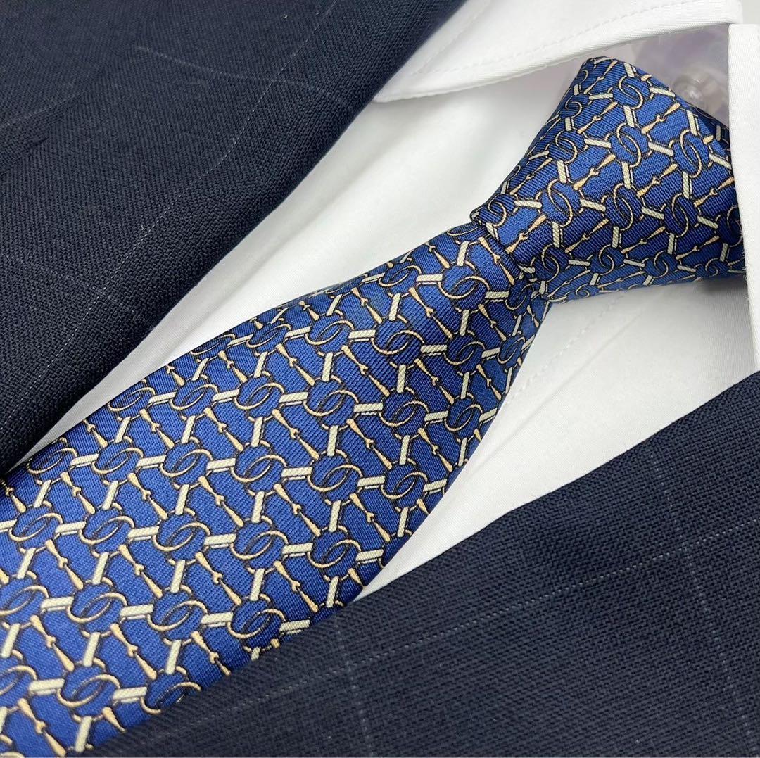 【美品】エルメス　ネクタイ　ブルー　パターン柄　ハイブランド　高級シルク