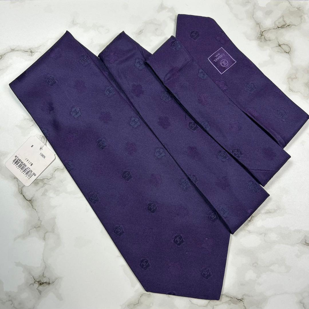 新品　シャネル　ネクタイ　花柄　紫　チェーン　光沢　刺繍　カメリア　ムラサキ