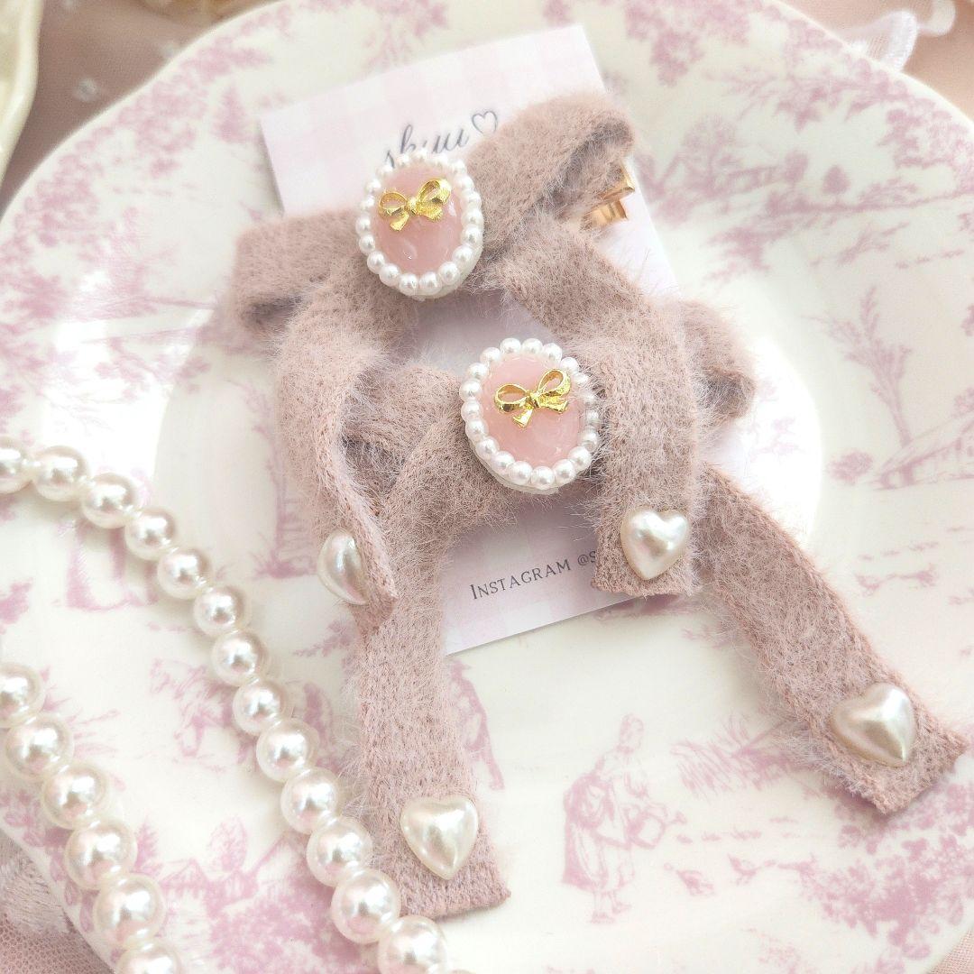 SALE♡handmade♡♡ふわふわリボンツインクリップ くすみピンク