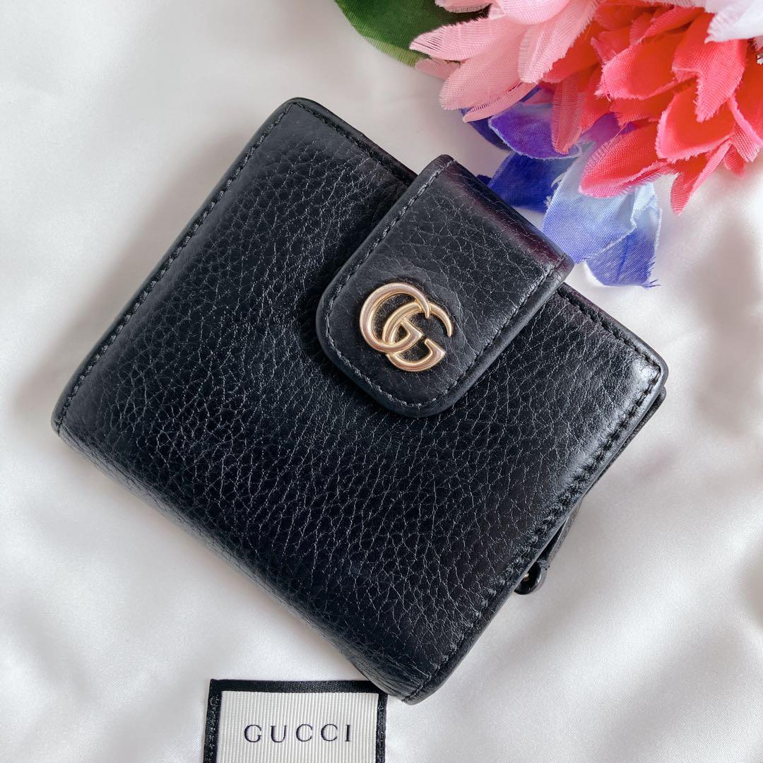 【美品】 グッチ　折り財布　GGマーモント　レザー　黒　ゴールド 523193