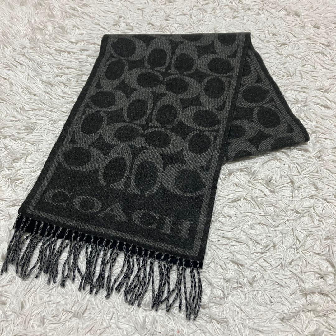 極美品　COACH　マフラー　カシミヤ100%　シグネチャー　ブラック　メンズ