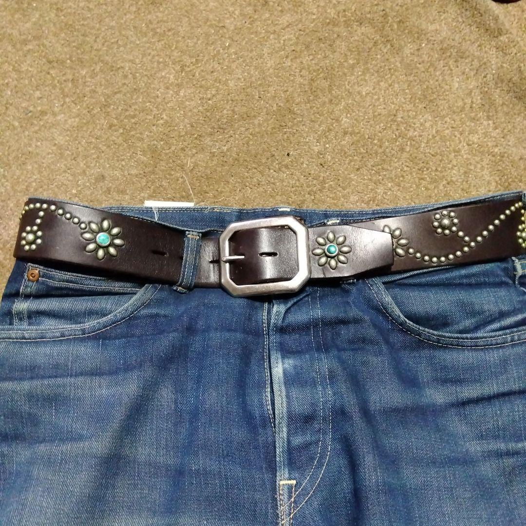 36inch ターコイズ フラワー HTC 革製 スタッズベルト ダークブラウン