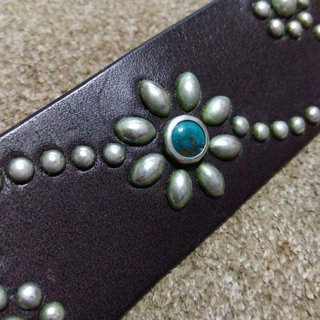 36inch ターコイズ フラワー HTC 革製 スタッズベルト ダークブラウン