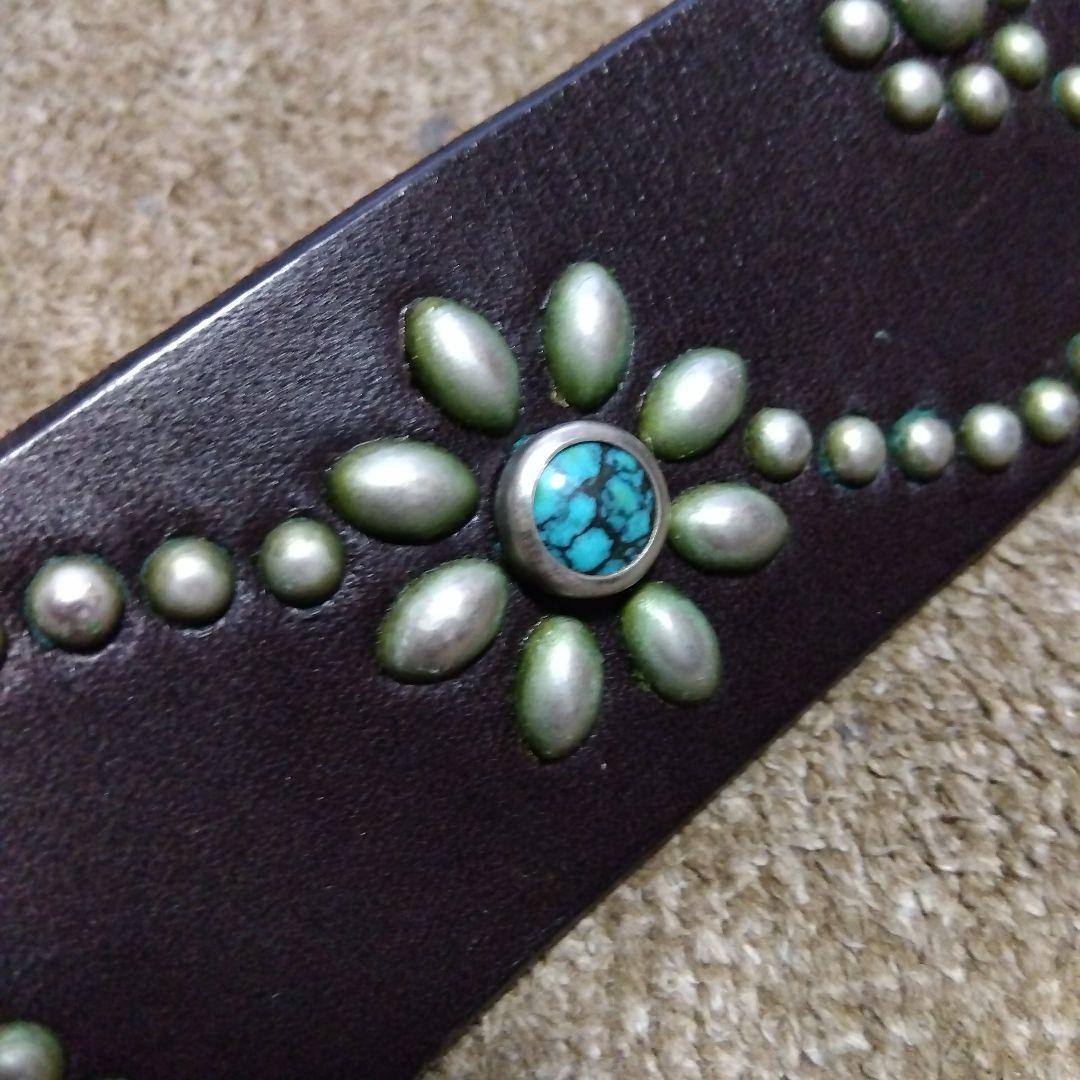 36inch ターコイズ フラワー HTC 革製 スタッズベルト ダークブラウン