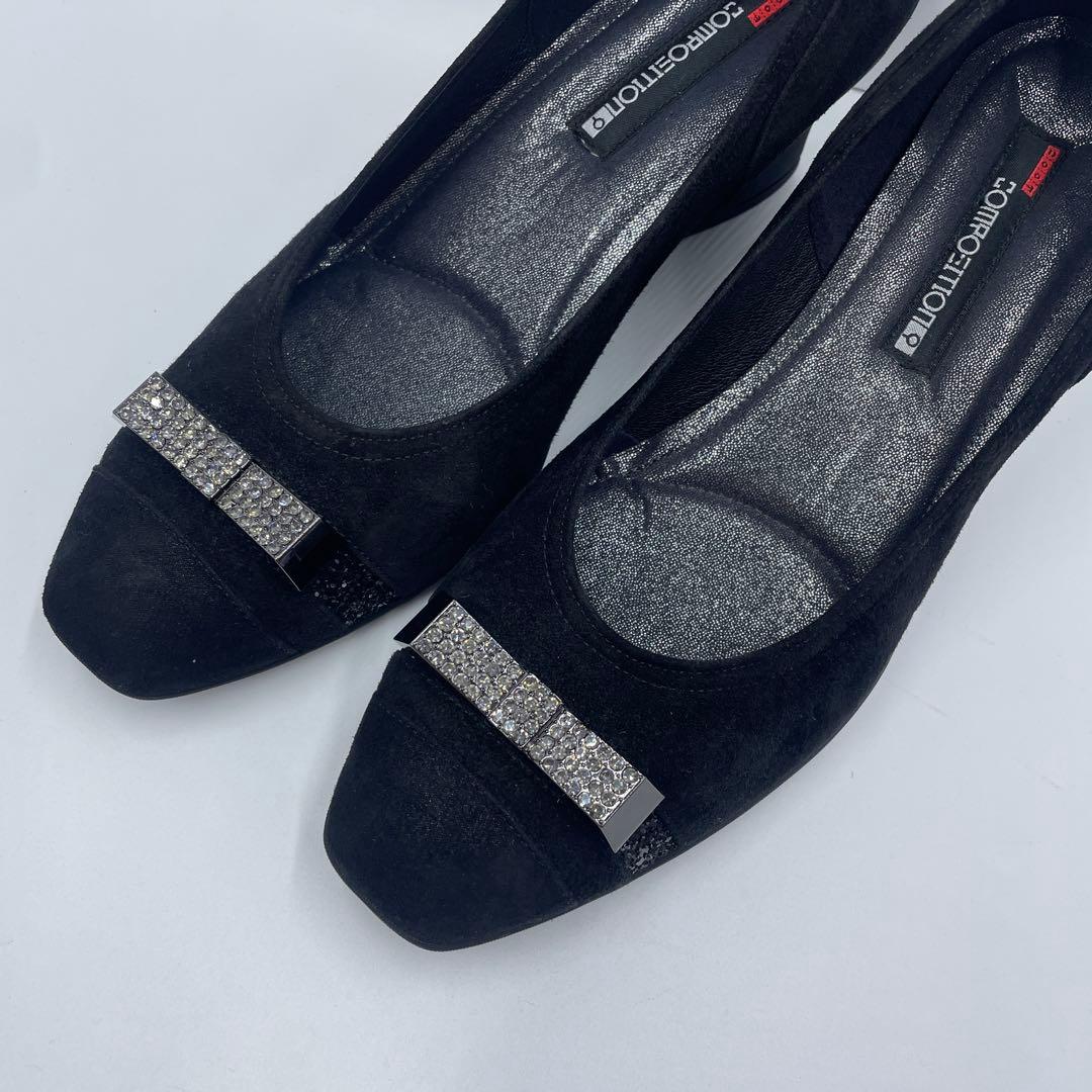 『未使用』コンポジション9 パンプス　リボン　ブラックスエード 四角バックル25