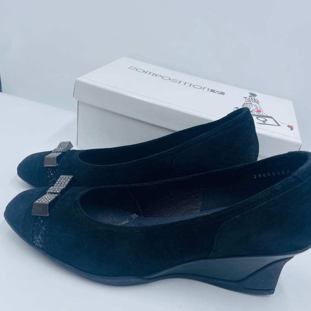 『未使用』コンポジション9 パンプス　リボン　ブラックスエード 四角バックル25