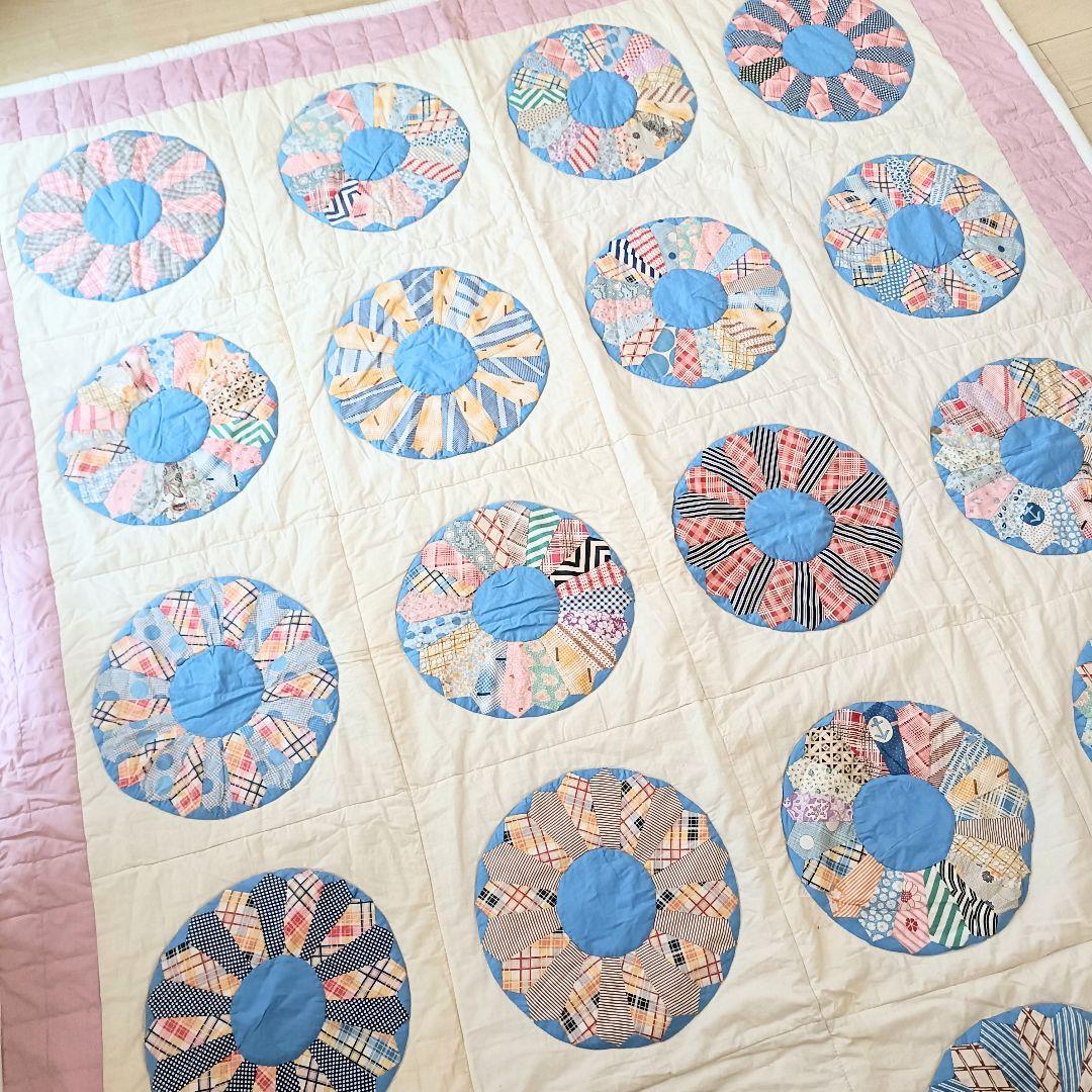 大判 ドレスデンプレート柄 パッチワークキルト ラグ ハンドメイド ヴィンテージ