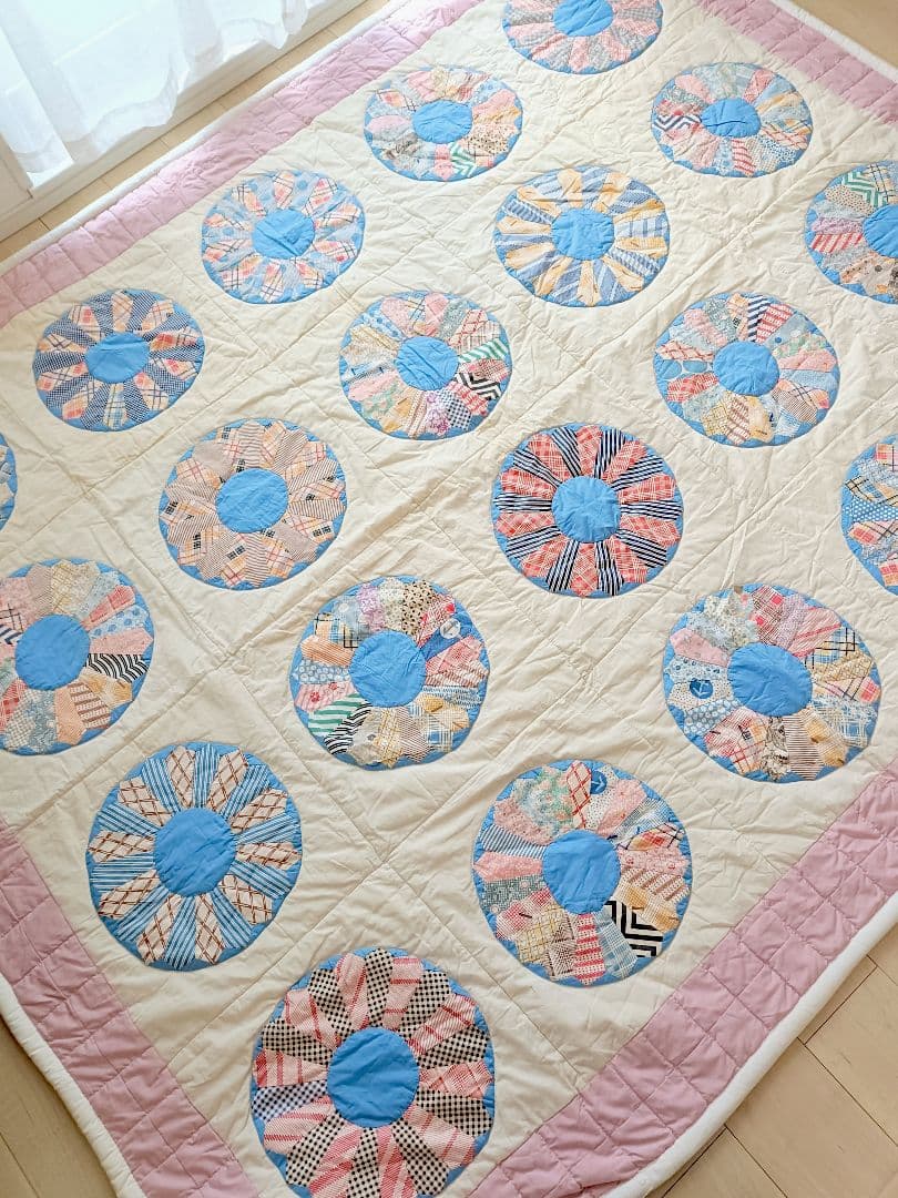 大判 ドレスデンプレート柄 パッチワークキルト ラグ ハンドメイド ヴィンテージ