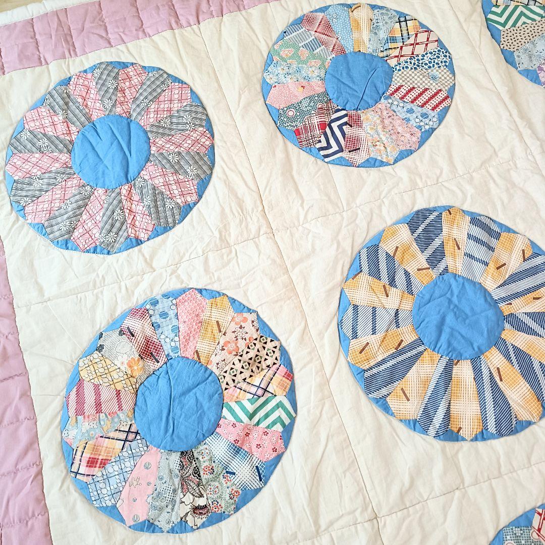 大判 ドレスデンプレート柄 パッチワークキルト ラグ ハンドメイド ヴィンテージ