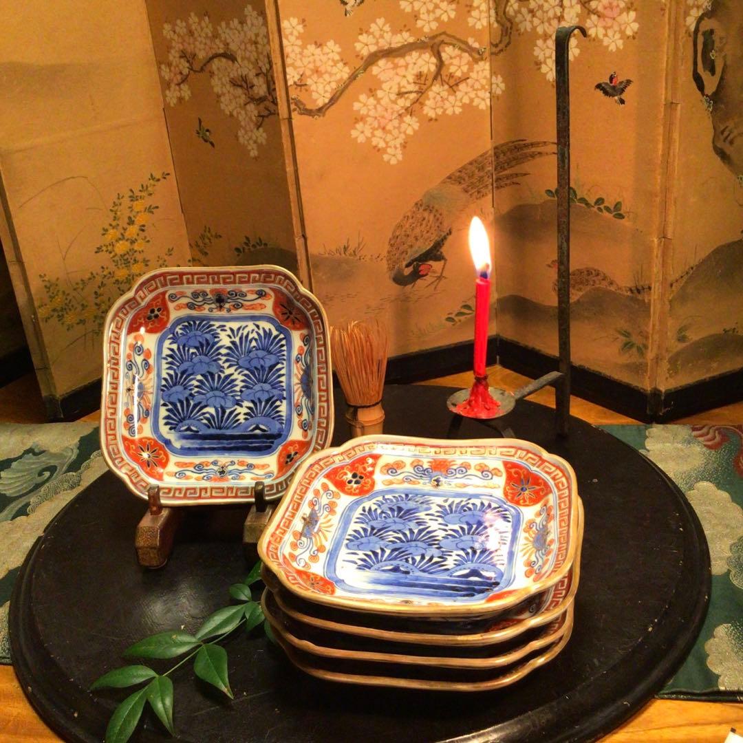 311 古伊万里 極上　染錦手 隅入角皿 五枚