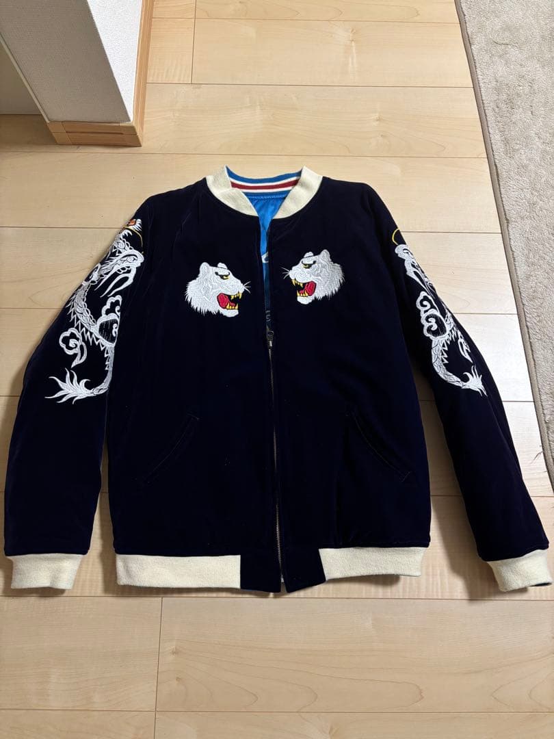 BILLVAN刺繍スカジャン ネイビー 青　別珍　リバーシブル