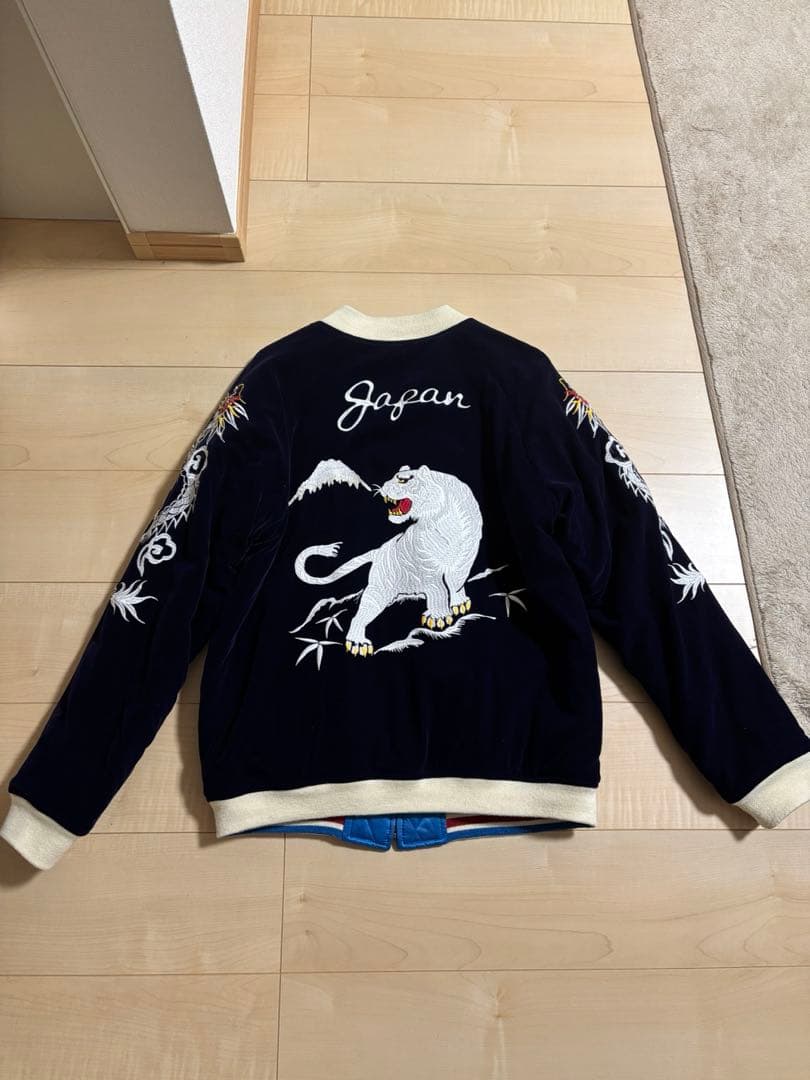 BILLVAN刺繍スカジャン ネイビー 青　別珍　リバーシブル