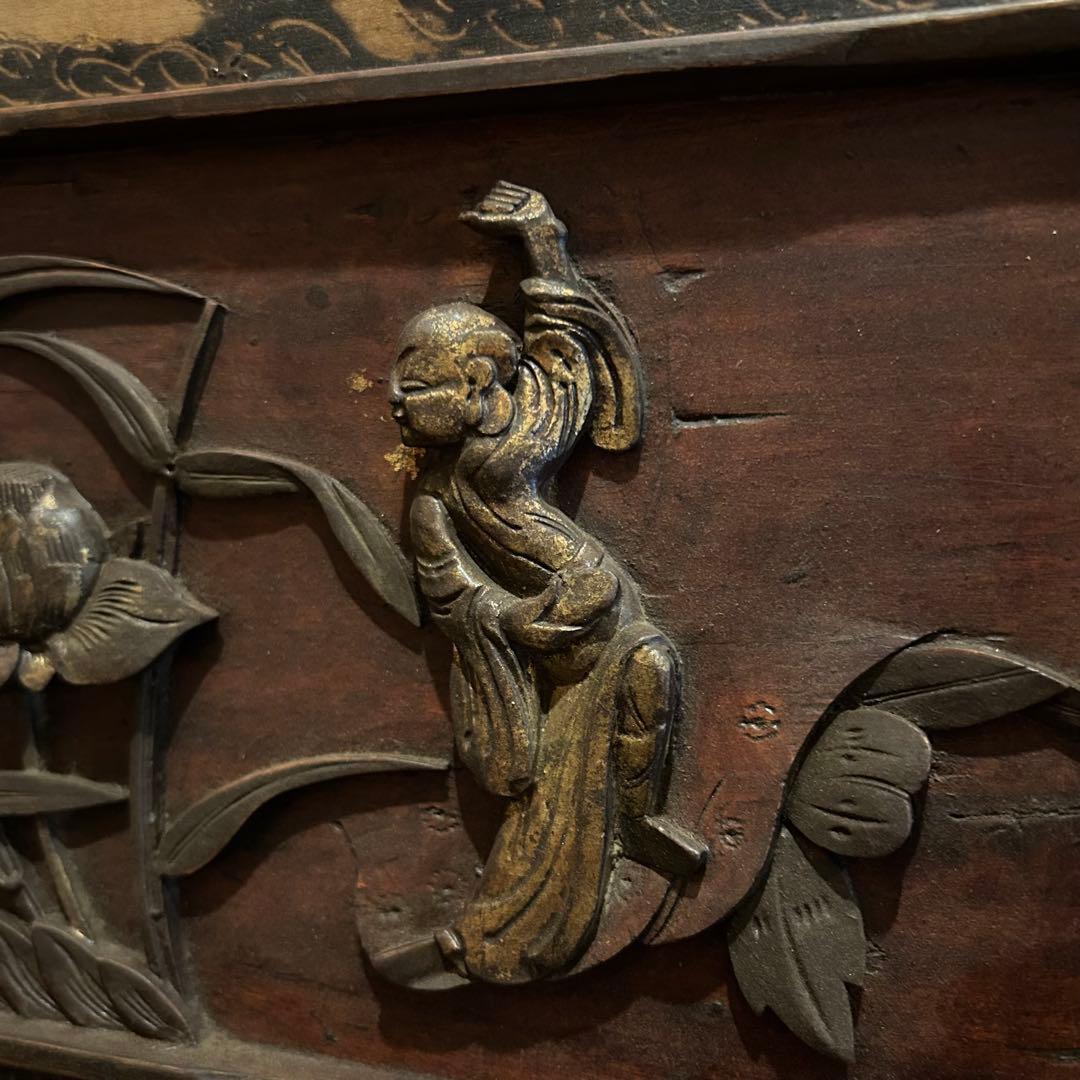 古い　中国　木彫り　蓮　壁掛け　骨董　アンティーク