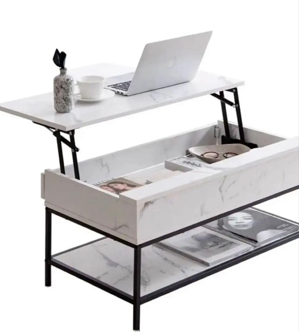 美品 おしゃれ 大理石柄 昇降式テーブル ローテーブル 高さ調整 収納