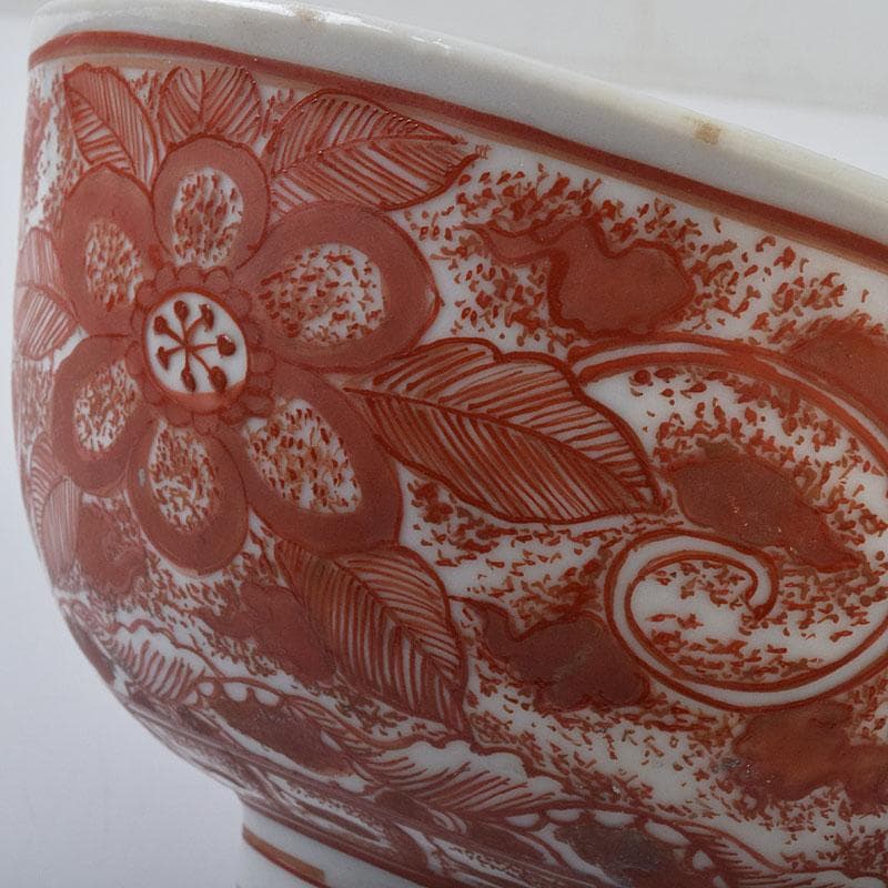 犬山焼　松原惣兵衛作　赤絵師道平絵付　赤絵唐草文　菓子鉢　共箱　V　R9507