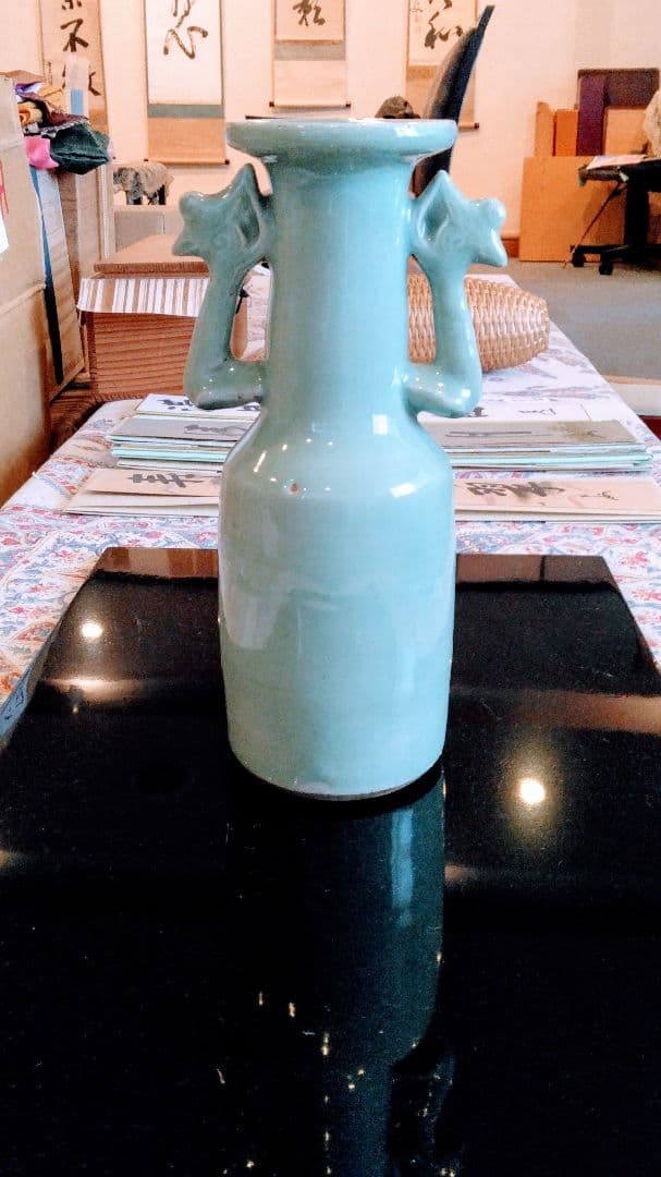 青緑色 陶器 花瓶 約25cm
