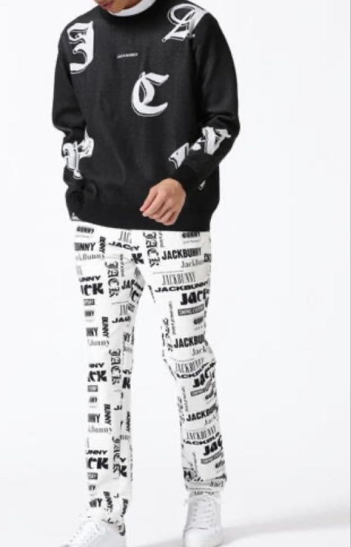 新品 パーリーゲイツ ジャックバニー ゴシックロゴWジャガードニット(6)LL黒