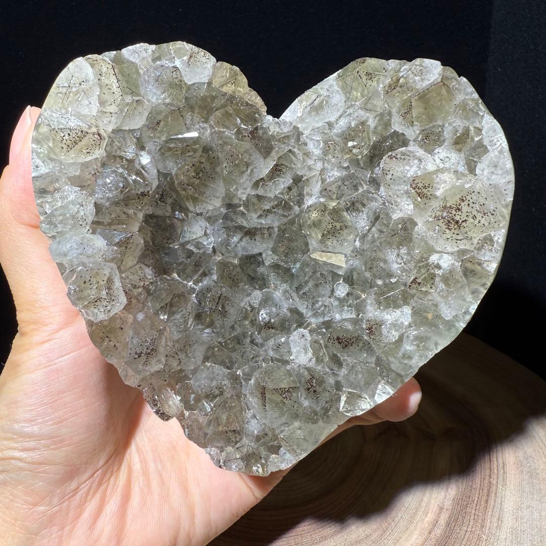 天然石ブラックトルマリン共生グリーン水晶のハート　置物　NO.062705