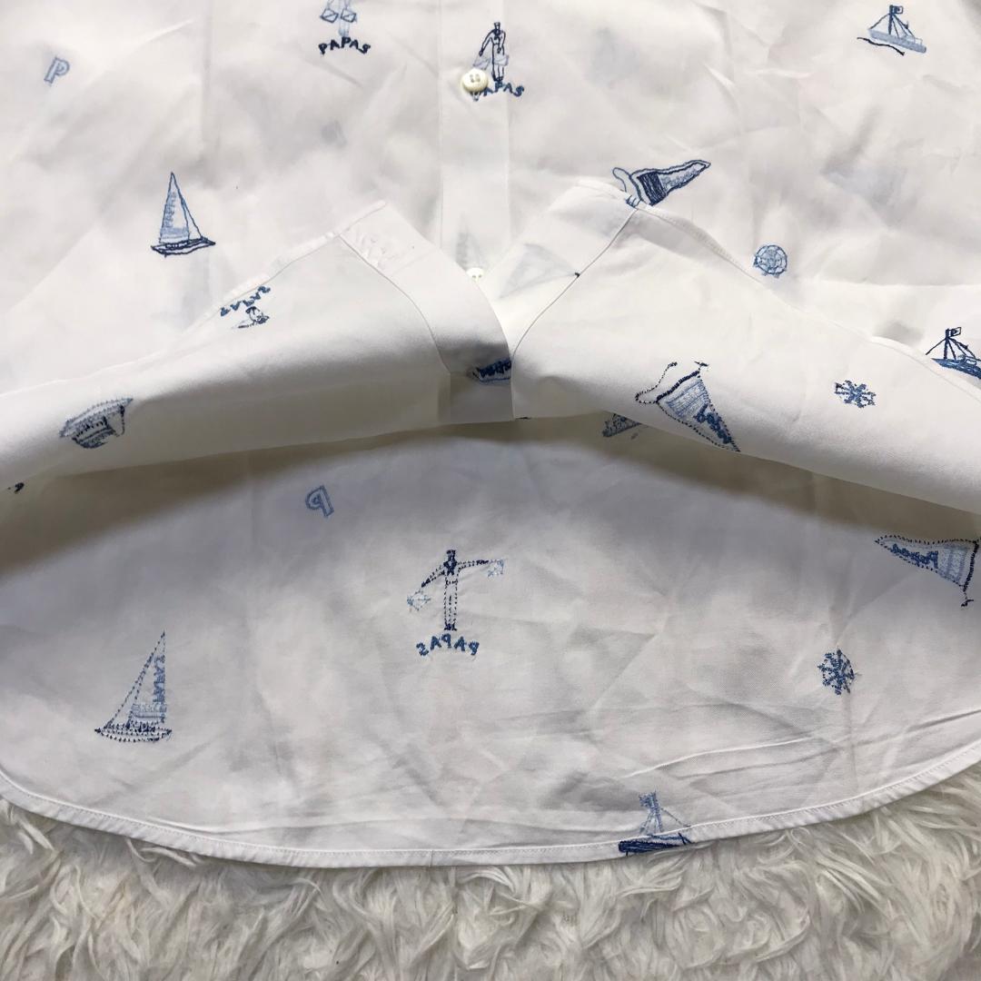 Papas ボタンダウンシャツ マリンモチーフ 刺繍 日本製 ホワイト M