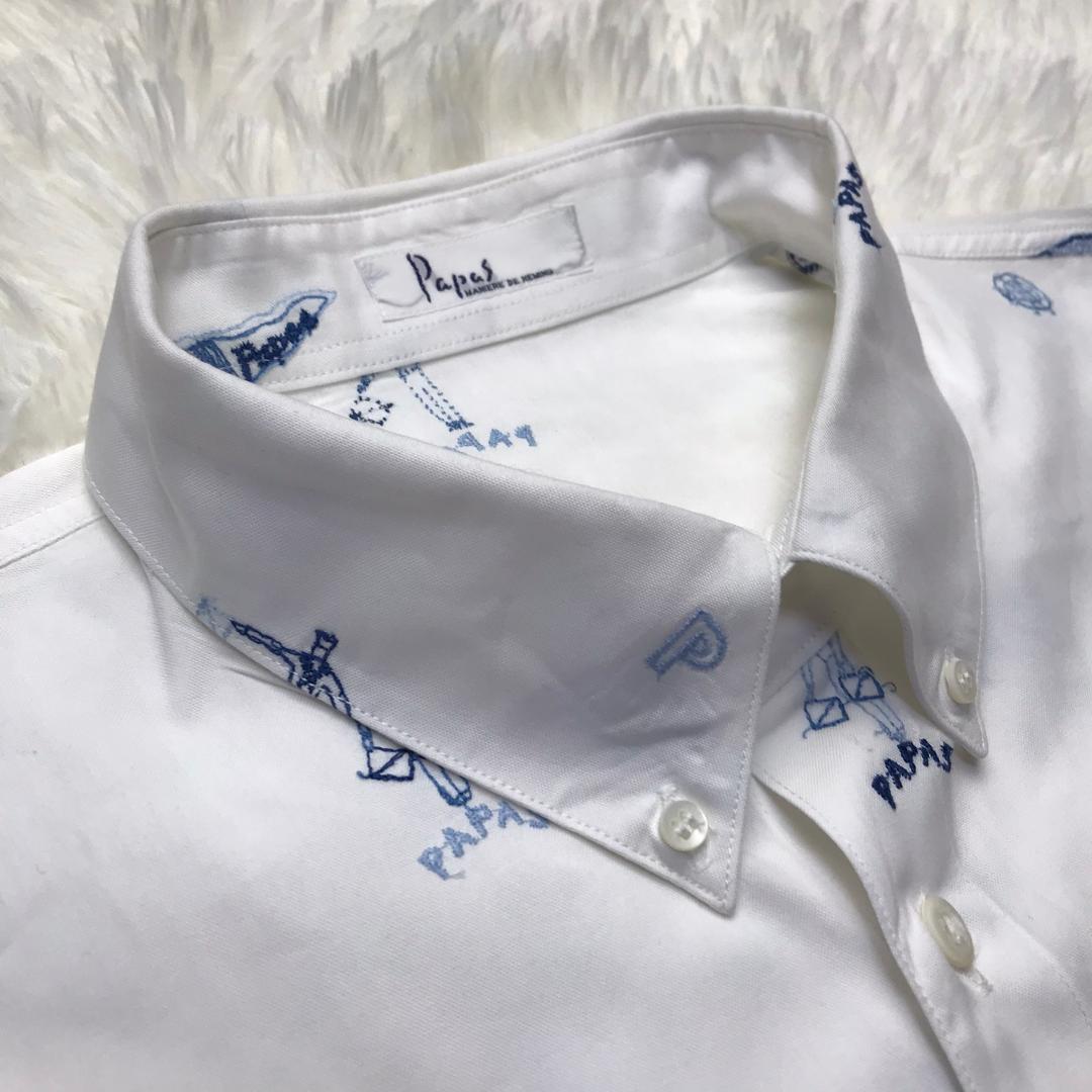 Papas ボタンダウンシャツ マリンモチーフ 刺繍 日本製 ホワイト M