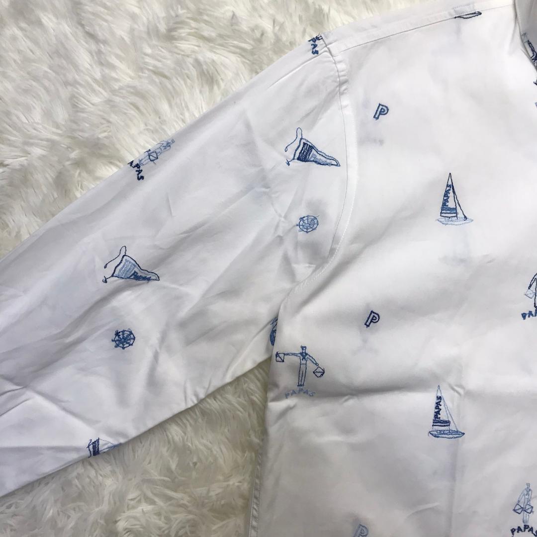 Papas ボタンダウンシャツ マリンモチーフ 刺繍 日本製 ホワイト M