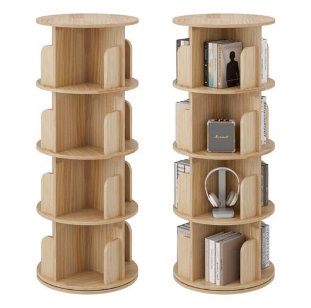 4段　木製　回転式本棚　大容量　天然木　絵本棚　組立簡単　本収納棚　CDラック