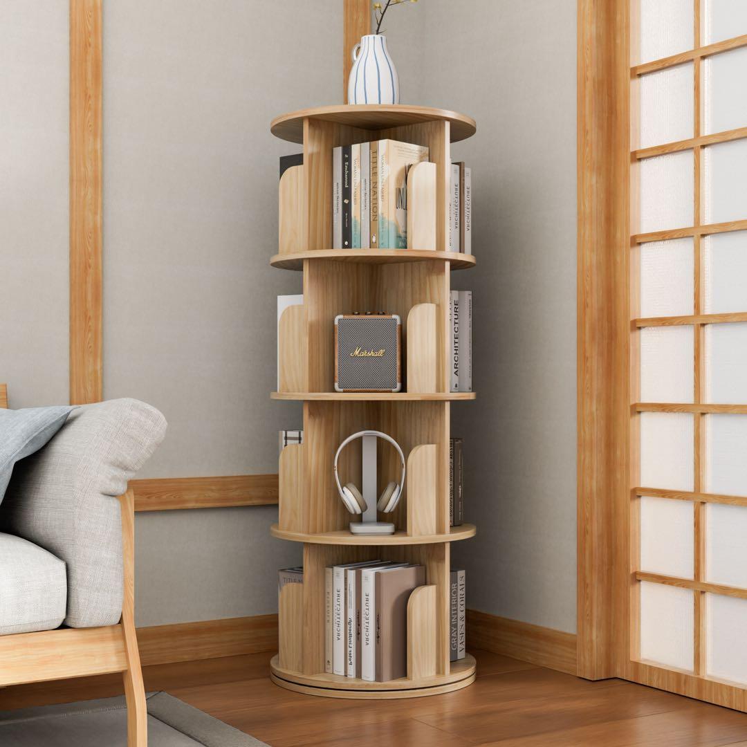 4段　木製　回転式本棚　大容量　天然木　絵本棚　組立簡単　本収納棚　CDラック