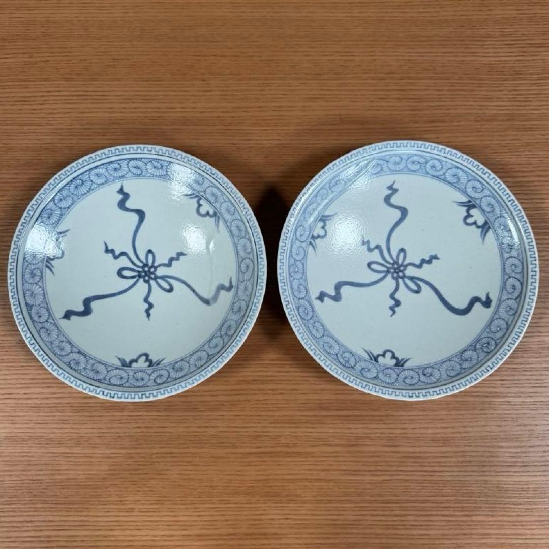 有田焼 李荘窯 染付水引地紋 手造り渕付皿 2枚セット☆