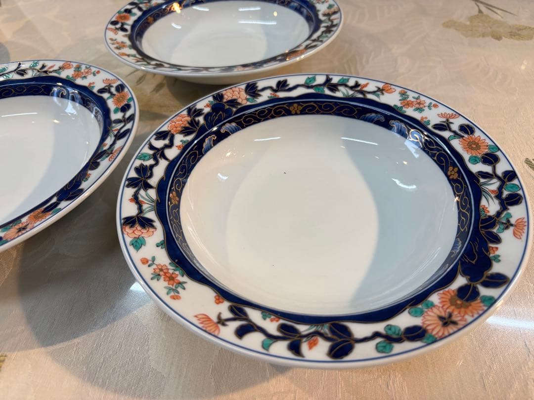 有田焼/伝作窯 染錦古伊万里花絵スープ皿（３枚組）