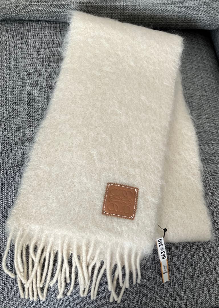ロエベ LOEWE モヘア混 ウール マフラー フリンジ 白 オフホワイト