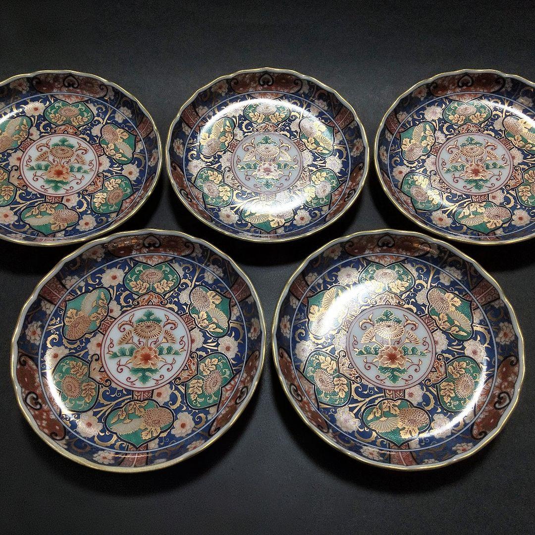 未使用品 前畑陶器 庫山窯 金蘭手 金彩菊紋 古伊万里文 約14㎝ 5枚 輪花皿