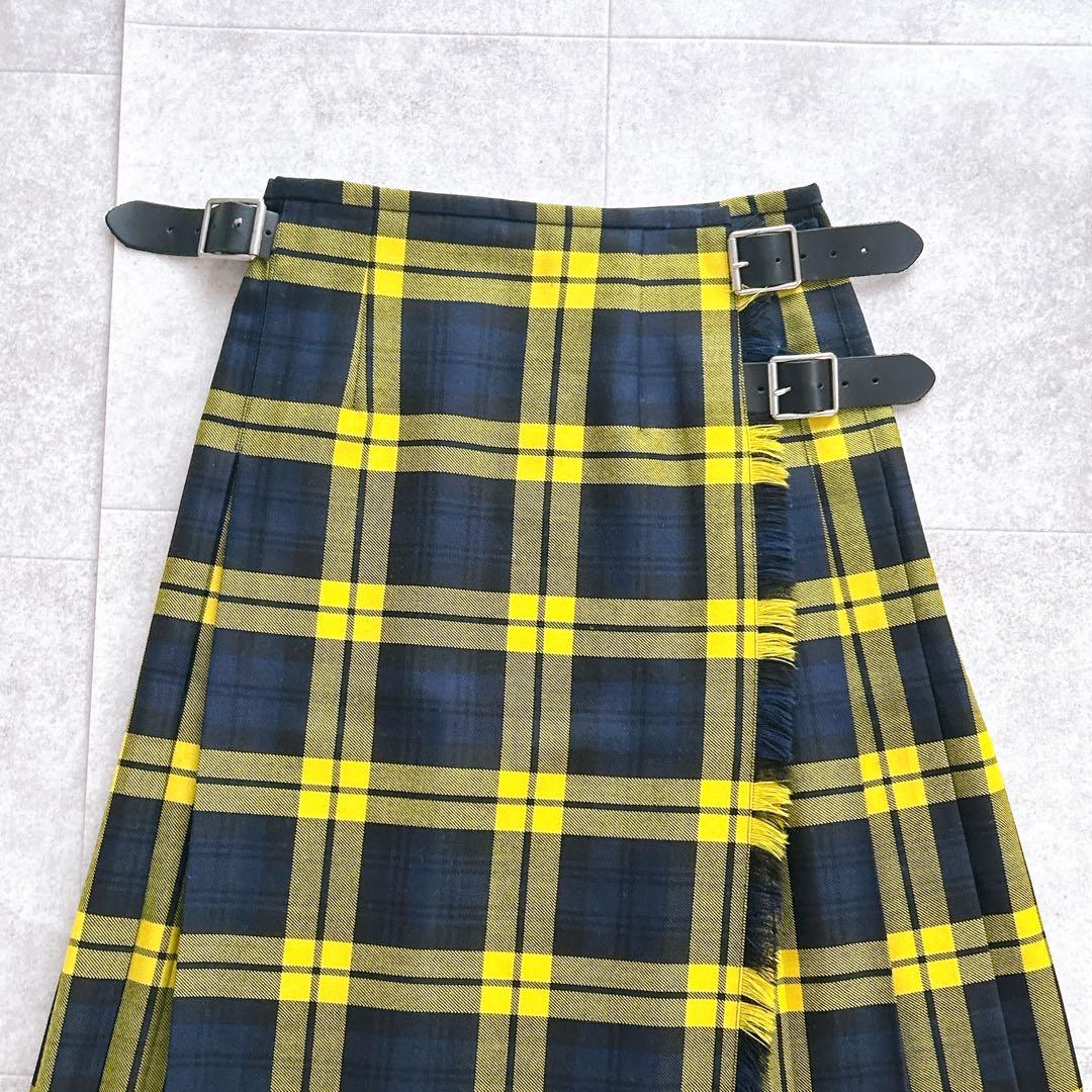 美品✨ オニールオブダブリン ラップスカート　ベルト 牛革 チェック イエロー
