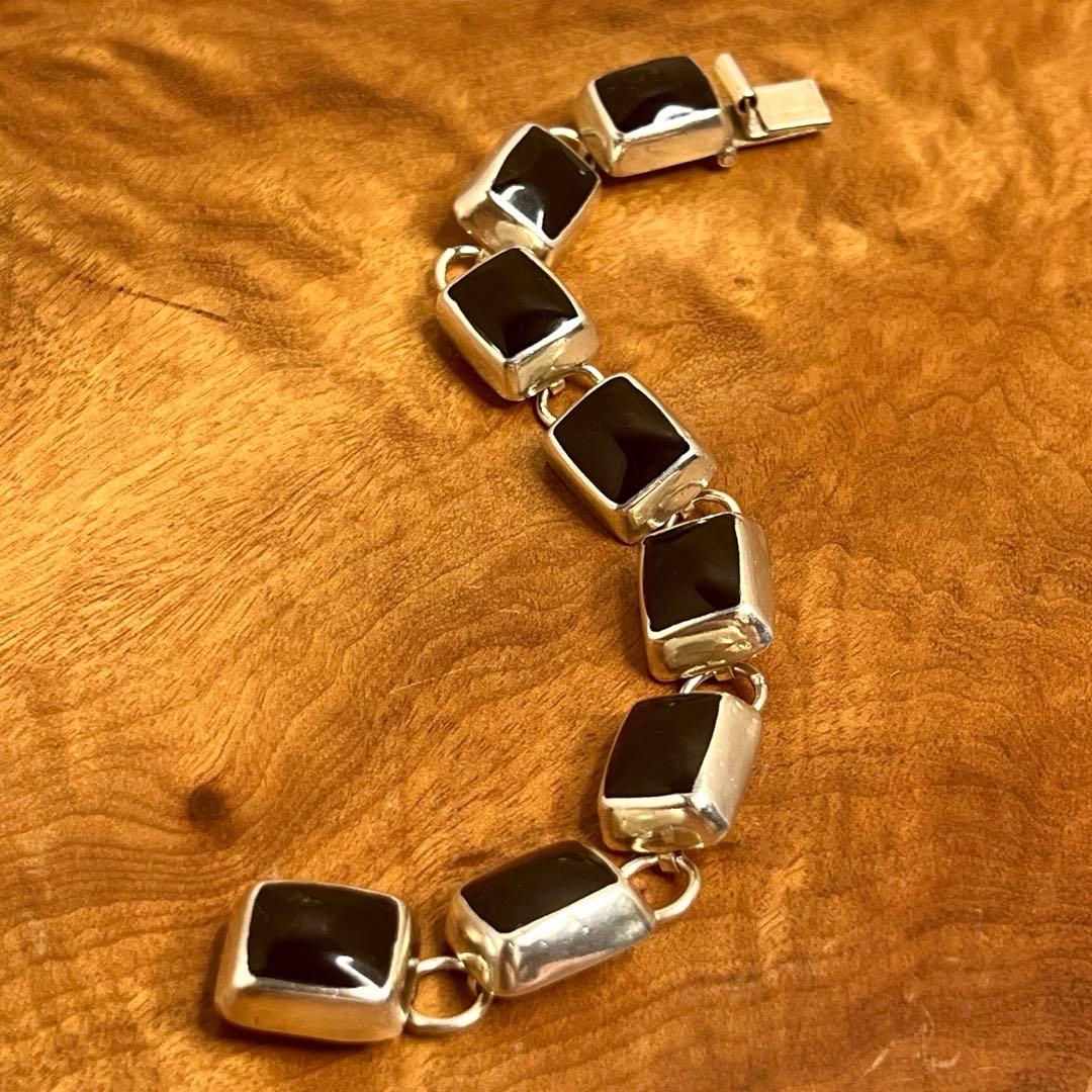 メキシコ ヴィンテージ シルバー オニキス ブロックリンク ブレスレット 925