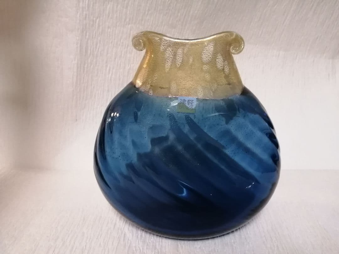 津軽　びいどろ　花瓶　青　ゴールド