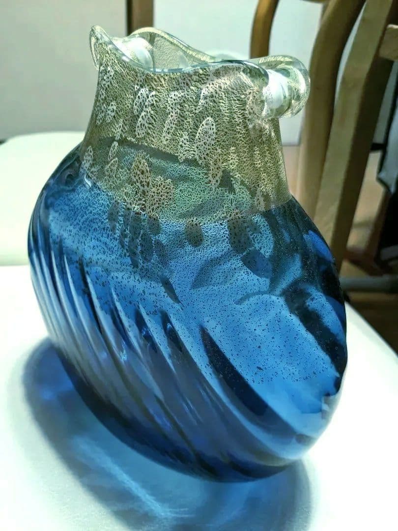 津軽　びいどろ　花瓶　青　ゴールド