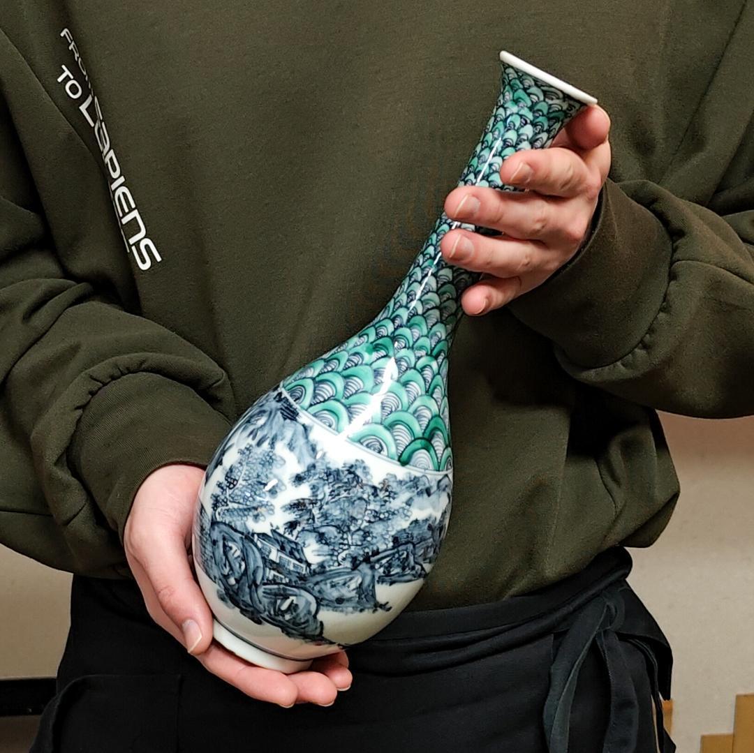 【新品・未使用】花瓶　青海波山水花生　京都　清水焼　花入