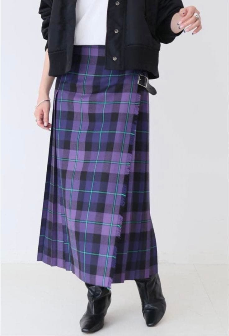 オニールオブダブリン タータンチェック柄 ラップ ロングスカート プリーツ 紫