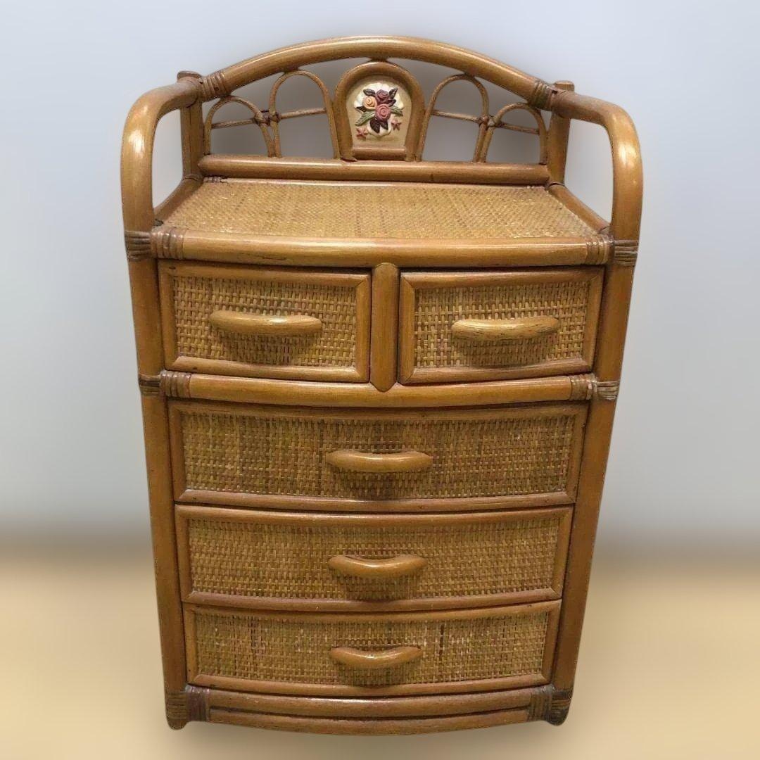 送料無料 ラタン 籐製 チェスト 5段 収納棚 タンス レトロ　250804-2