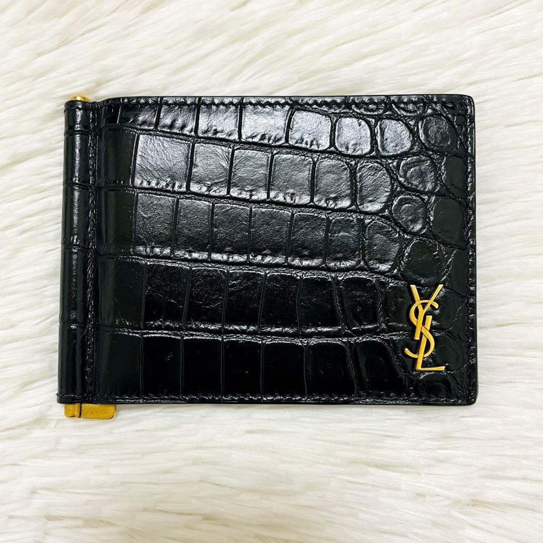 極美✨付属完備✨サンローラン マネークリップ レザー ロゴ金具 クロコ ブラック