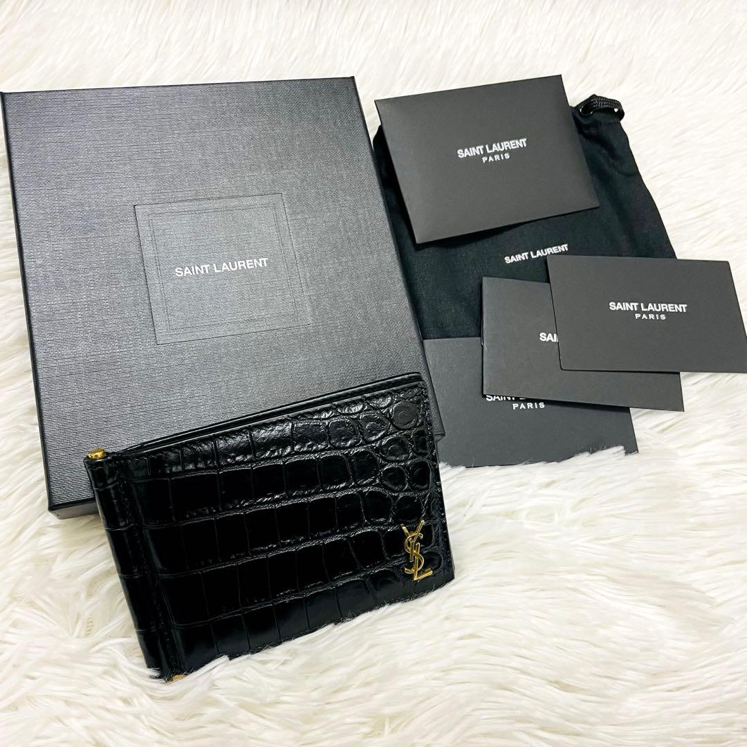 極美✨付属完備✨サンローラン マネークリップ レザー ロゴ金具 クロコ ブラック