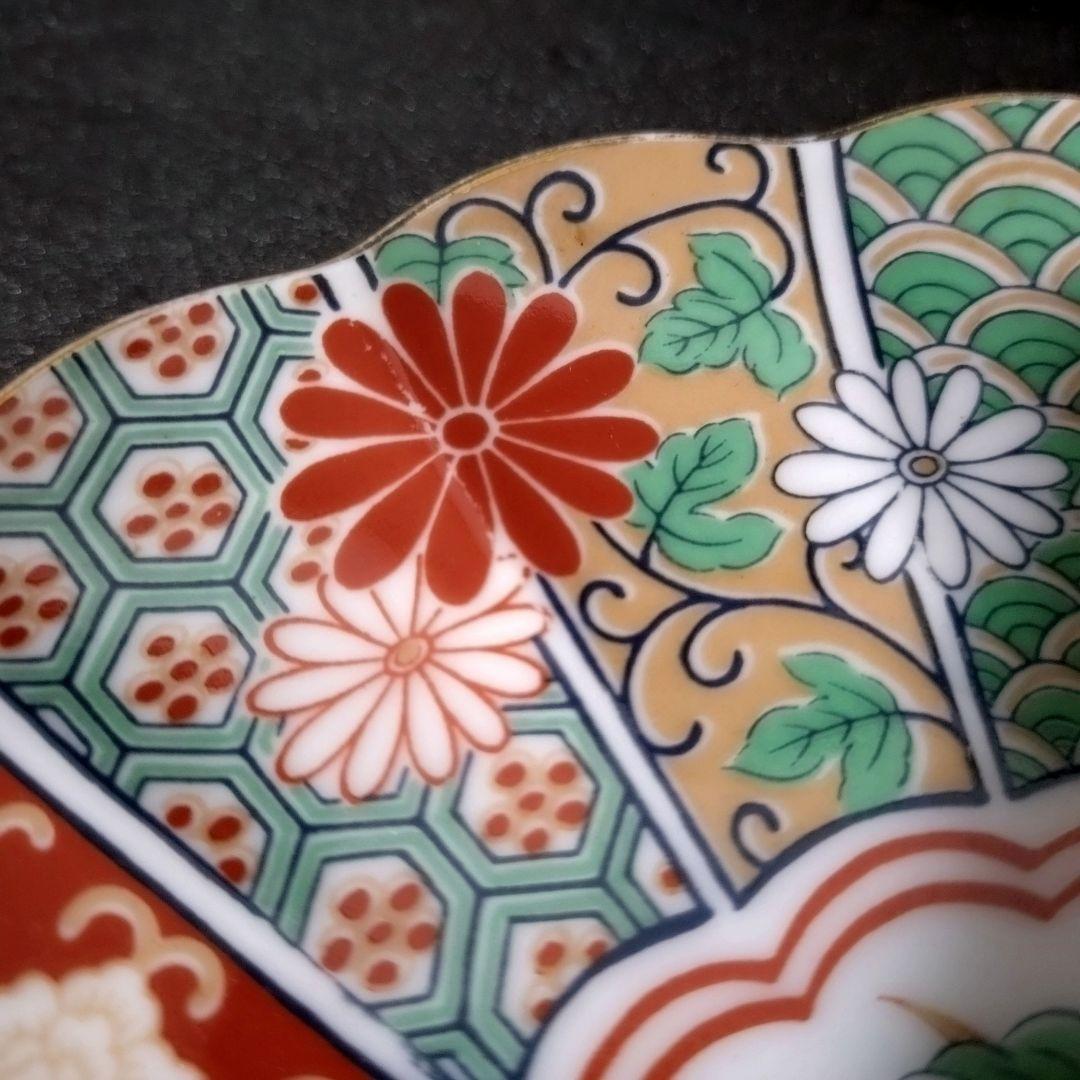 未使用品　有田焼　陶扇　銘々皿揃　中皿5枚　菊割皿　錦絵　赤絵　金彩　古伊万里