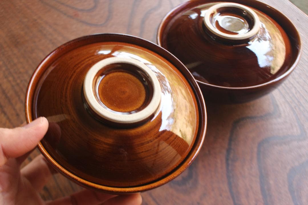 デッドストック！深みある飴釉の美しい大樋長左衛門作の夫婦碗（検大樋焼お茶碗