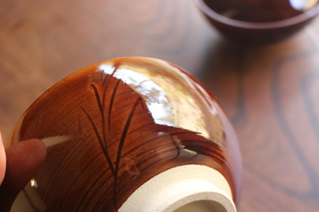 デッドストック！深みある飴釉の美しい大樋長左衛門作の夫婦碗（検大樋焼お茶碗