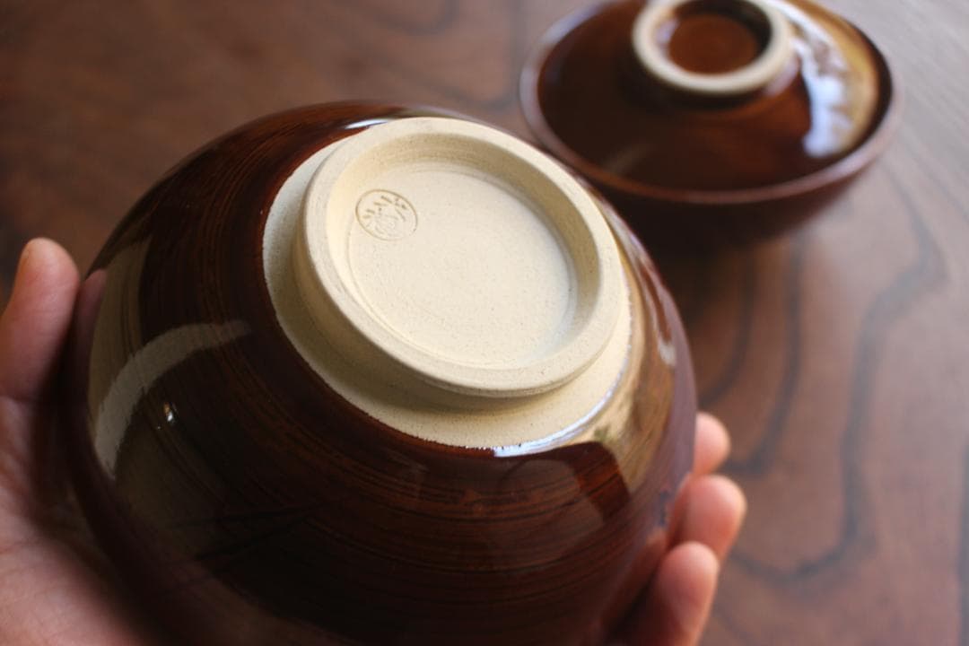 デッドストック！深みある飴釉の美しい大樋長左衛門作の夫婦碗（検大樋焼お茶碗